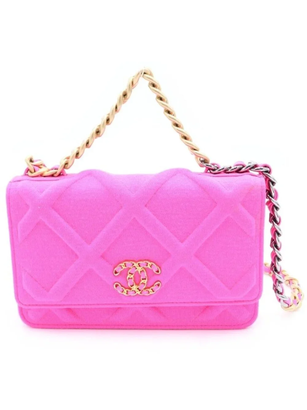 Chanel 19 Quilted CC Logo Jersey Lambskin Chain Shoulder Bag Pink